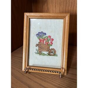 Needlepoint- mini- floral wheel barrel- wall art collage- fairy cottage